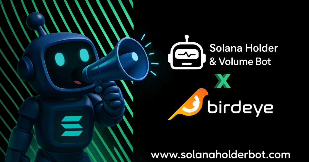 SolanaHolderBot Telegram dashboard displaying real-time holder addition and volume impact on Birdeye trending charts