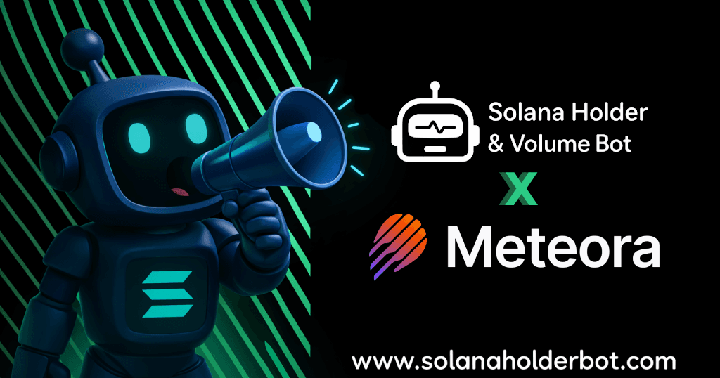 SolanaHolderBot Telegram dashboard generating real-time volume in Meteora DLMM pools, pushing a Solana token to top performers