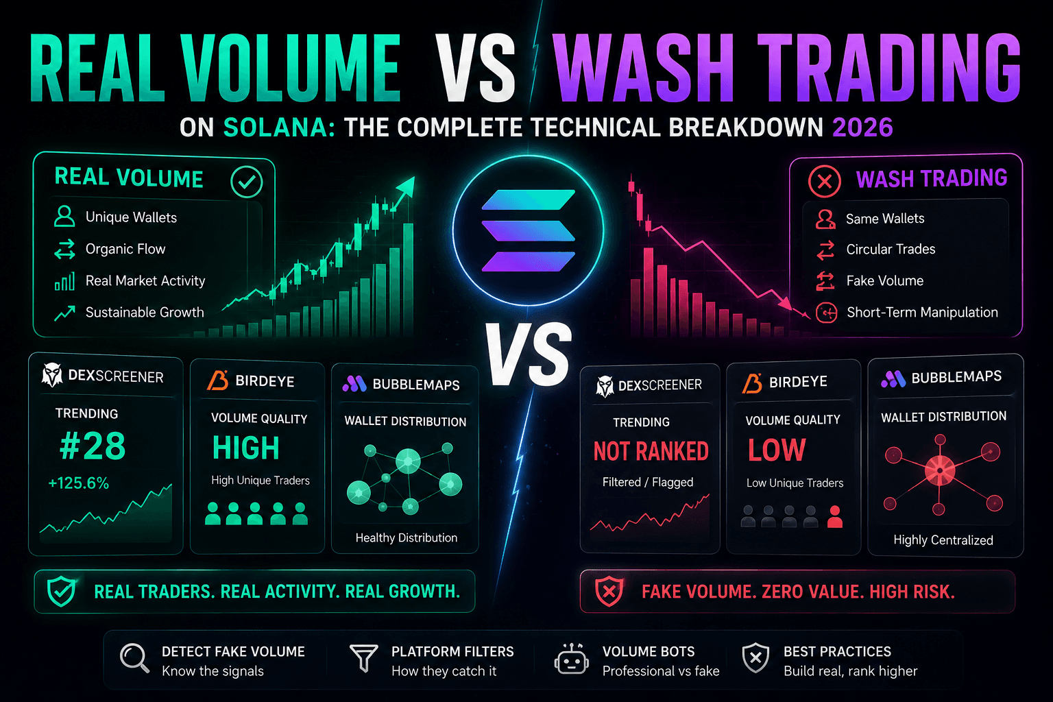 Real volume vs wash trading on Solana 2026 – DexScreener detection, Birdeye filters, Bubblemaps analysis, professional volume bots