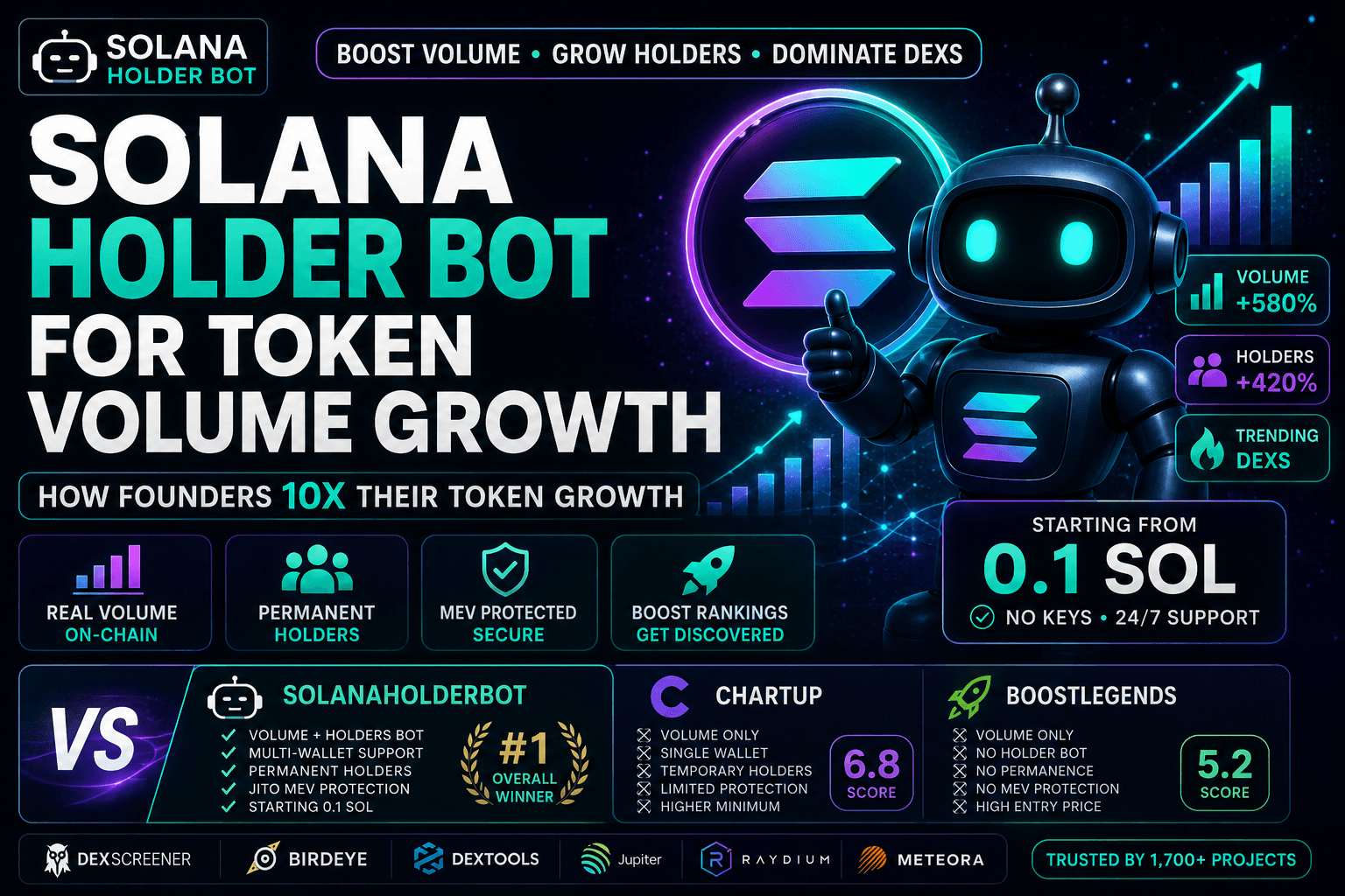 Solana holder bot for meme coin and DeFi token volume growth – automated on-chain metrics, DEX listing boosts and holder signals