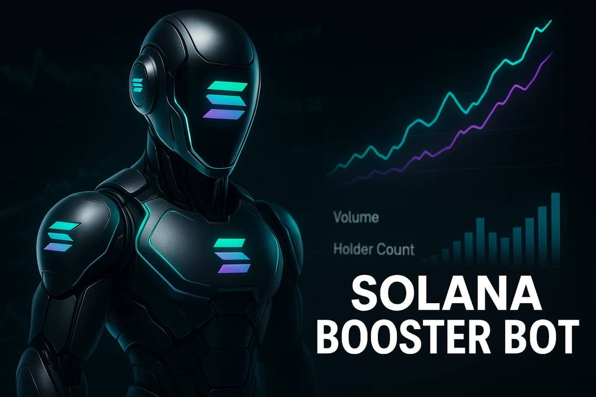 Solana Booster Bot interface showcasing organic volume and holder generation tools for Solana projects in 2025